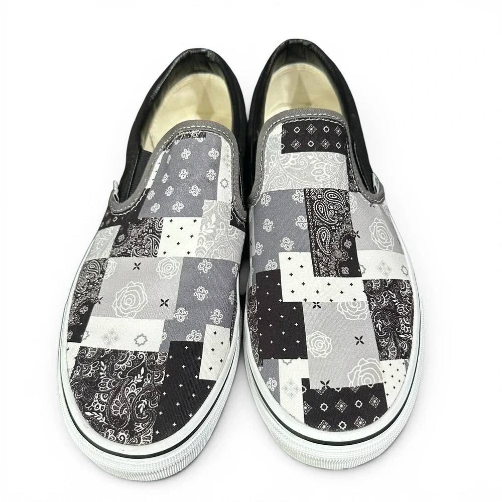 Vans Slip Ons Black & White Patchwork Bandana Shoes - Mens 9.5 / Womens 11 - EUC